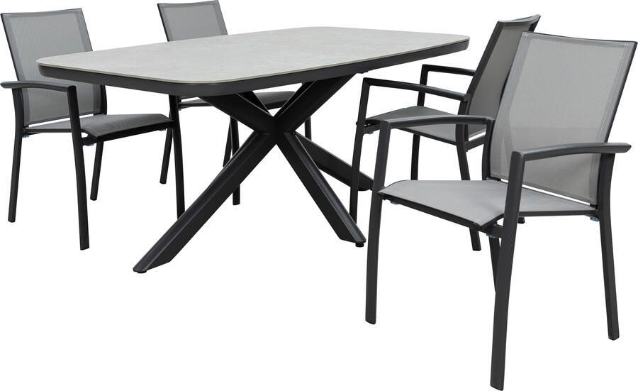 Qopps Vakio tuintafel met 4 Tampa stapelbare tuinstoelen