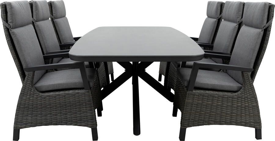 Qopps Vakio tuintafel met 6 Darwin gasveer verstelbare tuinstoelen