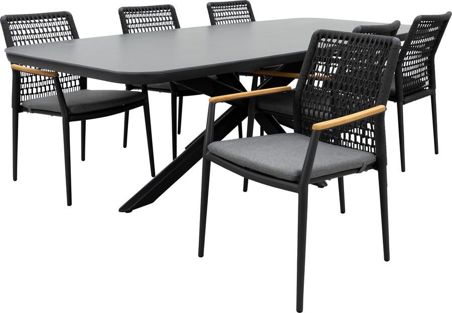 Qopps Vakio tuintafel met 6 Indra stapelbare tuinstoelen antraciet