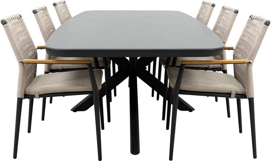 Qopps Vakio tuintafel met 6 Indra stapelbare tuinstoelen