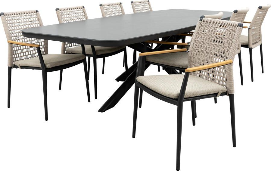 Qopps Vakio tuintafel met 8 Indra stapelbare tuinstoelen