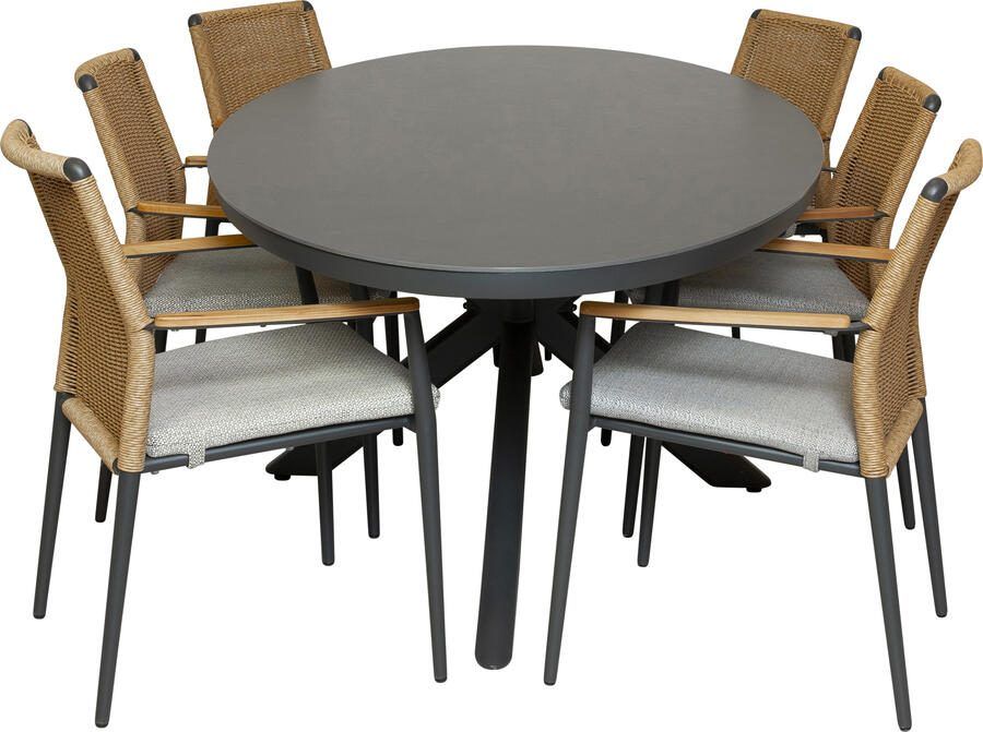 Qopps Vidas tuintafel met 6 Yvori stapelbare tuinstoelen