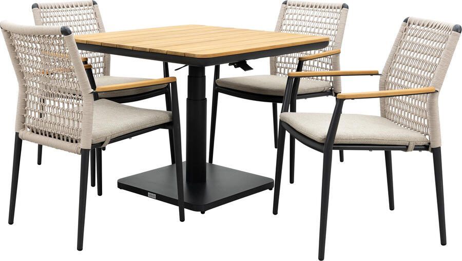 Qopps Zamin in hoogte verstelbare tafel met 4 Indra stapelbare tuinstoelen
