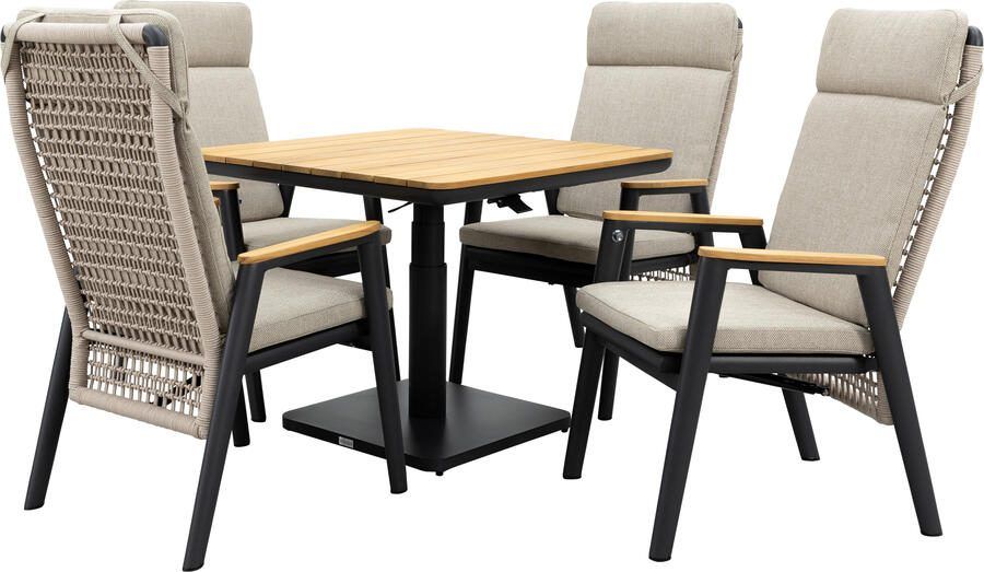 Qopps Zamin in hoogte verstelbare tuintafel met 4 Indra gasveer verstelbare tuinstoelen
