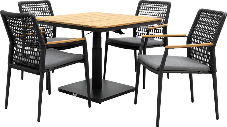 Qopps Zamin in hoogte verstelbare tuintafel met 4 Indra stapelbare tuinstoelen antraciet