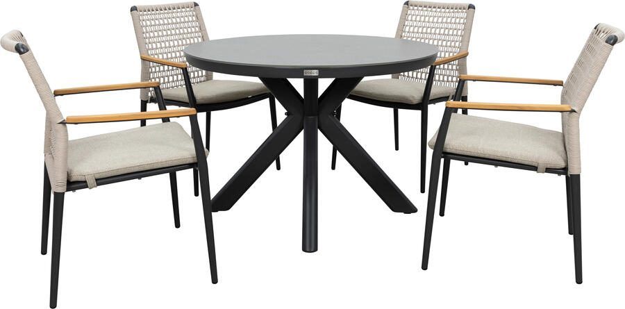 Qopps Ziggy tuintafel met 4 Indra stapelbare tuinstoelen