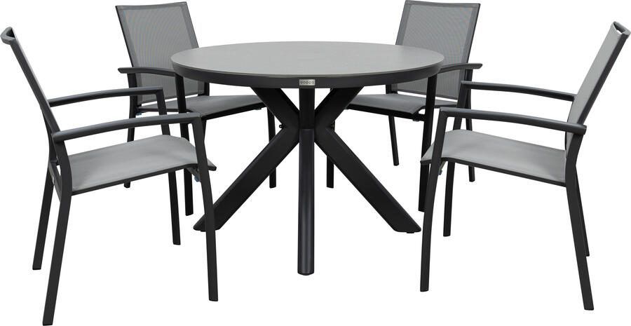 Qopps Ziggy tuintafel met 4 Tampa stapelbare tuinstoelen