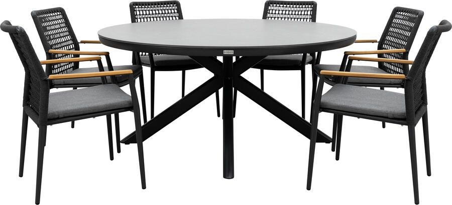 Qopps Ziggy tuintafel met 6 Indra stapelbare tuinstoelen antraciet