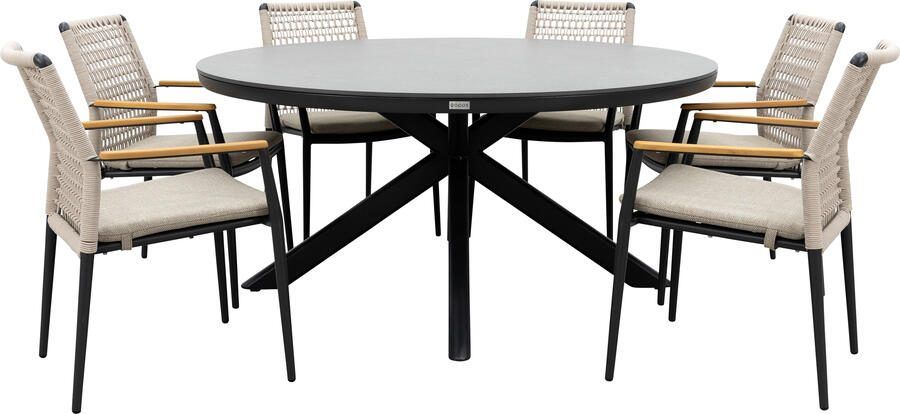 Qopps Ziggy tuintafel met 6 Indra stapelbare tuinstoelen beige