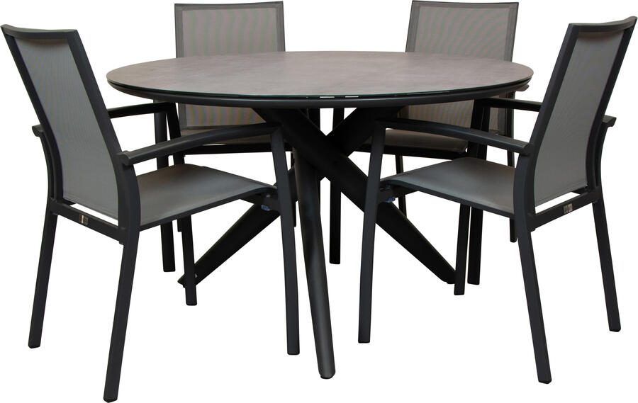 Qopps Zukla 120 cm rond tuintafel met Tampa stapelbare tuinstoel