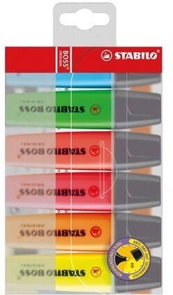 Stabilo Markeerstift Boss Original plastic etui van 6 stuks: geel groen oranje roze blauw en rood