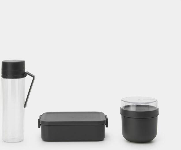 Brabantia Make & Take ontbijt- en lunchset 3-delig kunststof (waterfles met zeef yoghurtbeker 0 5 liter lunchbox medium) Dark Grey