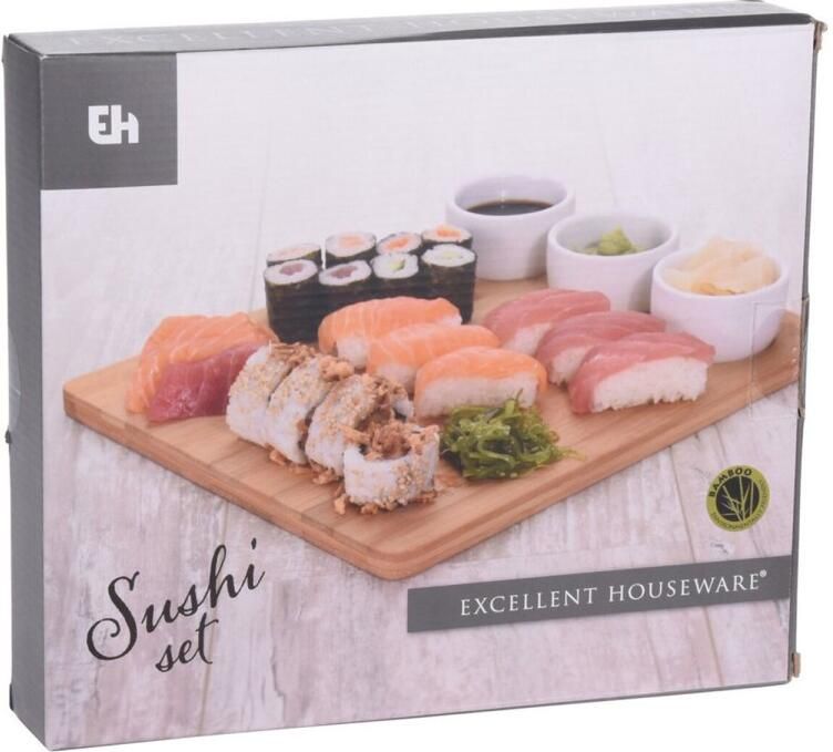 Excellent Houseware 4-delige sushi serveer set met 3 porseleinen kommetjes 28 x 24 cm Bordjes