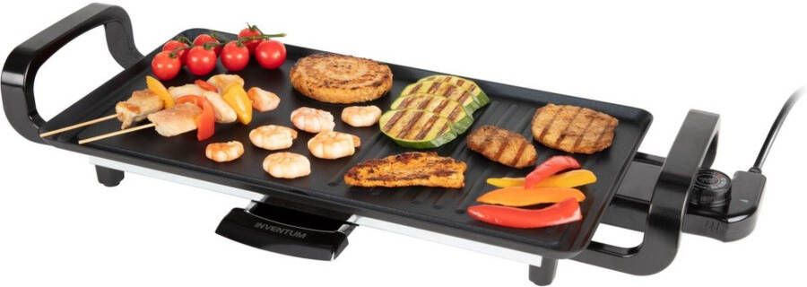 Inventum GP450B Tafelgrill Glad geribbeld grilloppervlak 45 x 25 cm Anti aanbaklaag 2000 watt Bakplaat Zwart