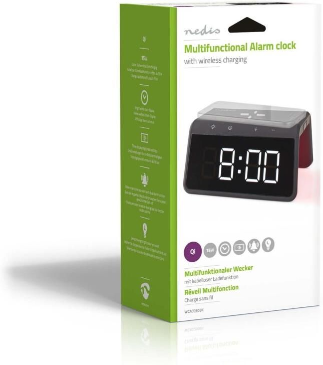Nedis Wekker met Draadloze Lader | Qi gecertificeerd | 5 7.5 10 15 W | USB-A Male | Nachtlamp | 2 Alarmtijden | Snoozefunctie