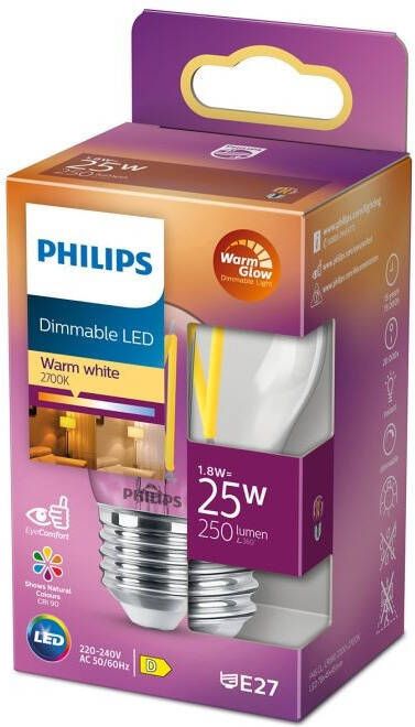 Philips Led Lamp E27 25W 250LM Kogel Filament Dimbaar