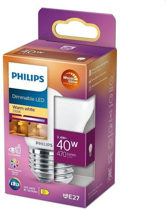 Philips ledlamp E27 40W 470Lm kogel mat dimbaar