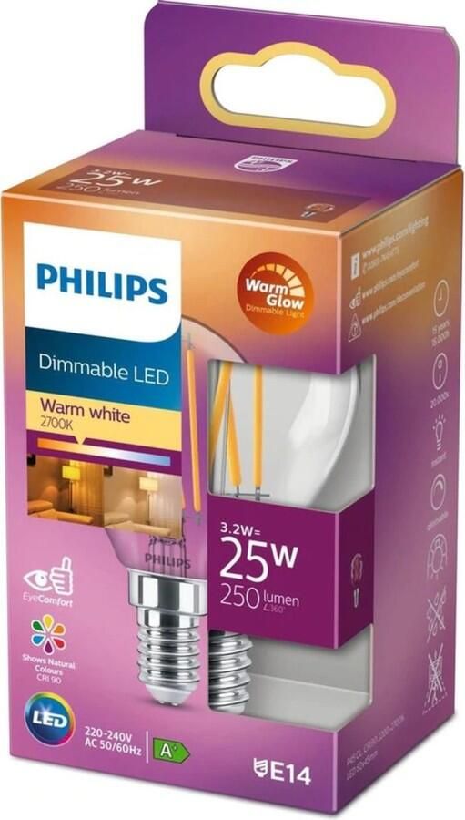 Philips Ledfilamentlamp Peertje Classic D4 5cm Dimbaar Warm Wit E14 2w