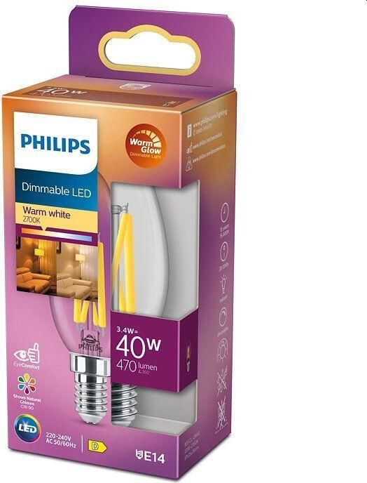 Philips Ledfilamentlamp Kaars Warmglow D3 5cm Dimbaar Warm Wit E14 3 4w