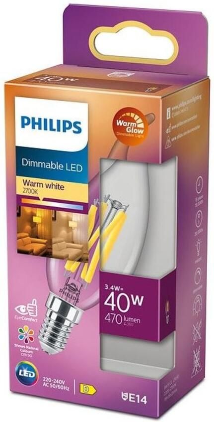 Philips Ledfilamentlamp Kaars D3 5cm Dimbaar Warm Wit E14 3 4w