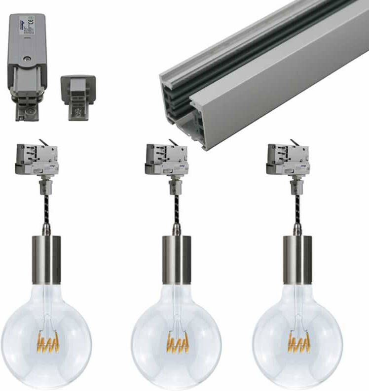 Spanningsrail zilver 2 meter met 3x filament lamp met aluminium fitting E27