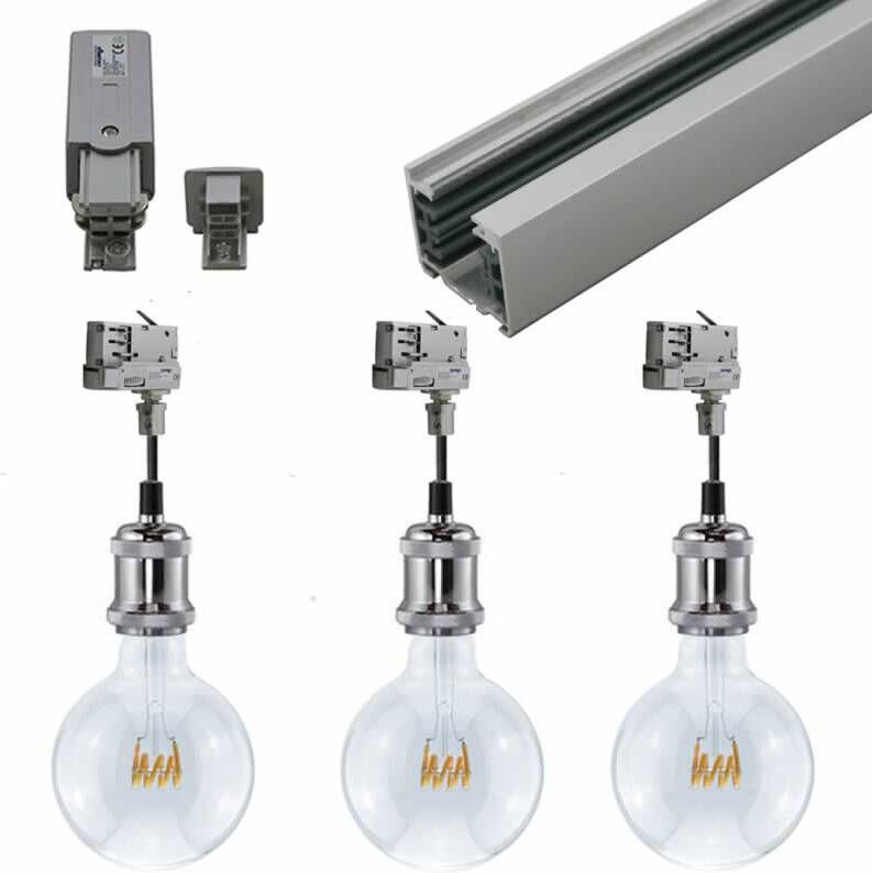 Spanningsrail zilver 2 meter met 3x filament lamp met retrofitting E27