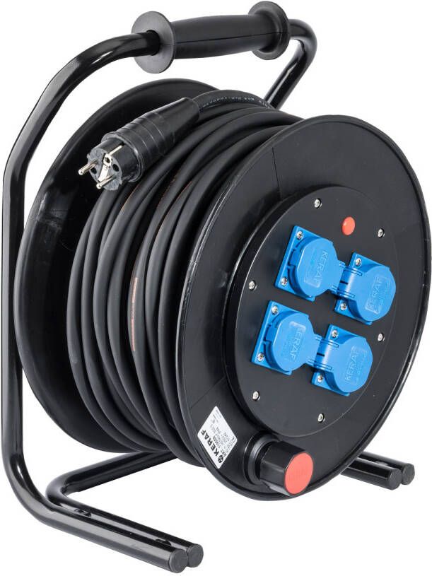 Keraf 50 meter kabelhaspel 3x1 5mm² 4 contactdozen zwart 230V bouwhaspel thermisch beveiligd