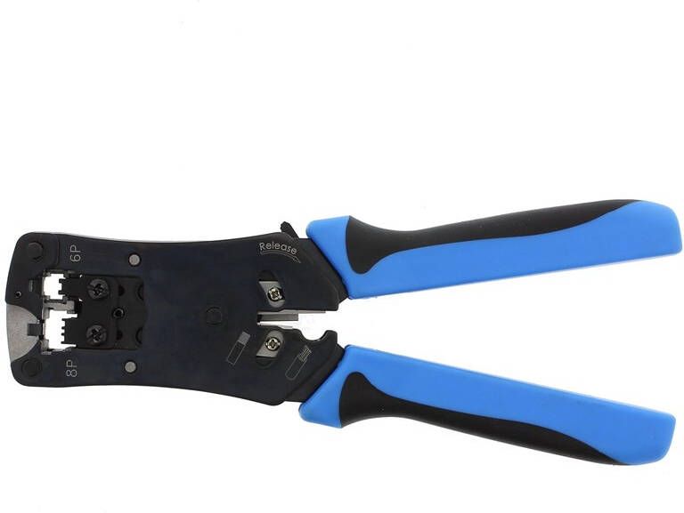 Klemko RJ45 strip-knip-krimptang met sperinrichting voor het aanknijpen van stekkertjes elektromonteurs