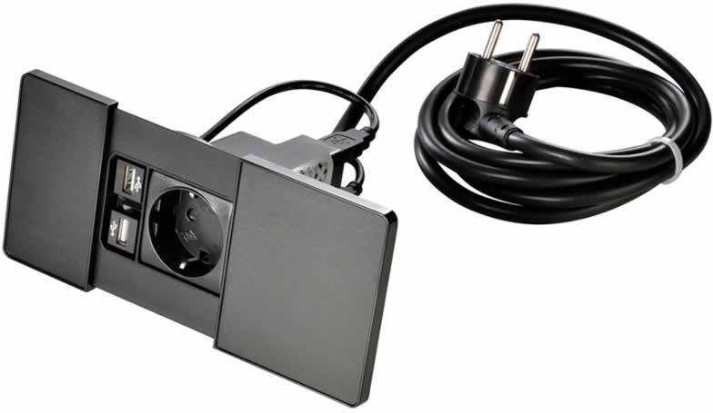 Kopp Buro stopcontact inbouw zwart met 2 USB aansluitingen 2A aansluitsnoer 2 meter met stekker