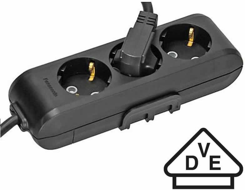 Panasonic stopcontact 3 voudig zwart met 1.5 meter snoer ophang mogelijkheid en haak ophanging