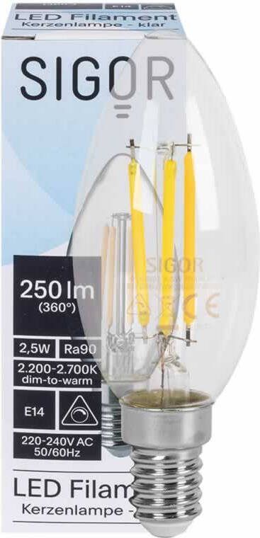 Sigor LED kaarslamp dim to warm 2200K-2700K E14 2.5W 250 lumen glas dimbaar voor oa kroonluchters