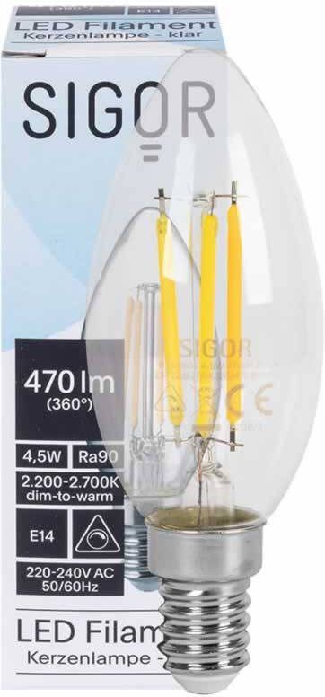 Sigor LED kaarslamp dim to warm 2200K-2700K E14 4.5W 470 lumen glas dimbaar voor oa kroonluchters
