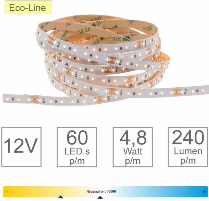 Tronix LED Strip 2700K dimbaar 12V 5M warm wit 4.8W per meter 3M tape aan beide kanten stroomaansluiting