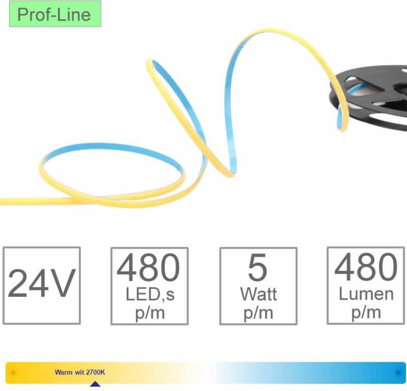 Tronix LED Strip 2700K dimbaar 24V 5M warm wit 5W p mtr een streeplicht 480 Leds p mtr 4mm breed 127-158