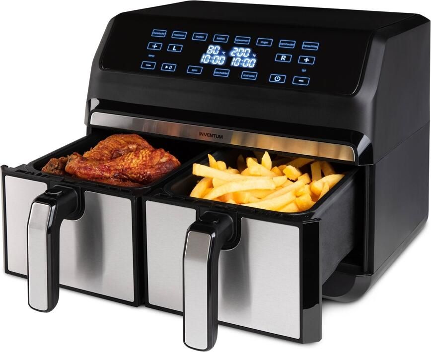 Inventum GF800HLD Dubbele airfryer Hetelucht friteuse 2 x 4 liter 8 programma's Dual cook functie 80 tot 200 graden 1700 watt Zwart RVS