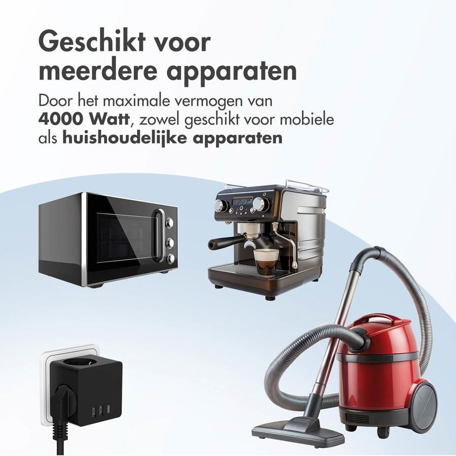 Accezz PowerCube 6-in-1 1x USB-C+2x USB-A+3x stopcontact 4000W Oplader Zwart