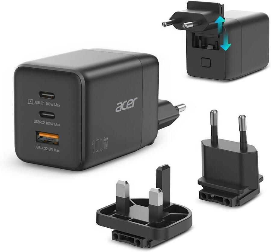 Acer GaN charger 2 x USB-C + 1x USB-A ports Oplader Zwart