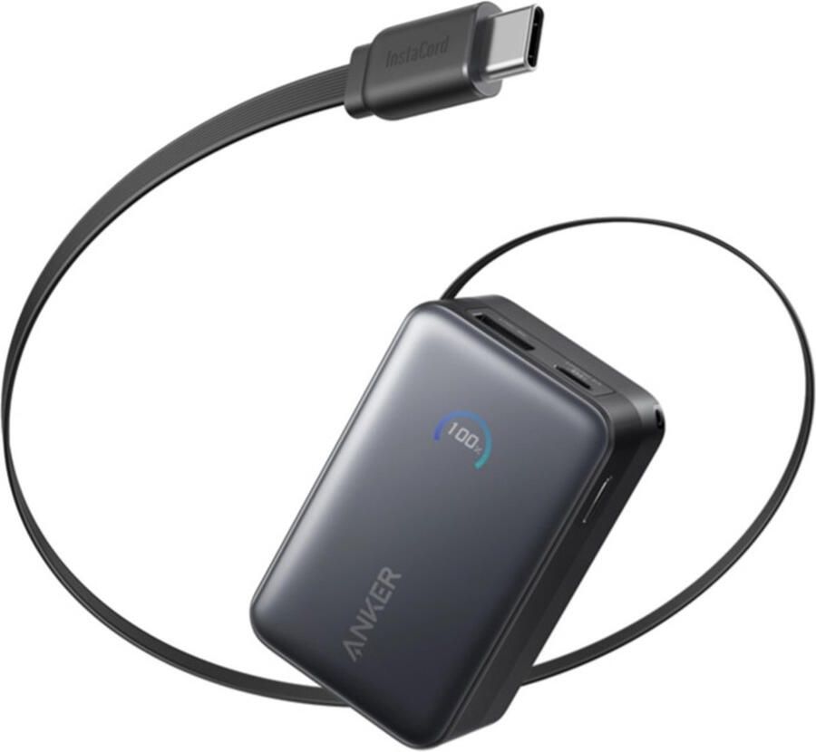 Anker Nano Power Bank (10 000 mAh 45W Built-In Retractable USB-C Cable) Powerbank Zwart