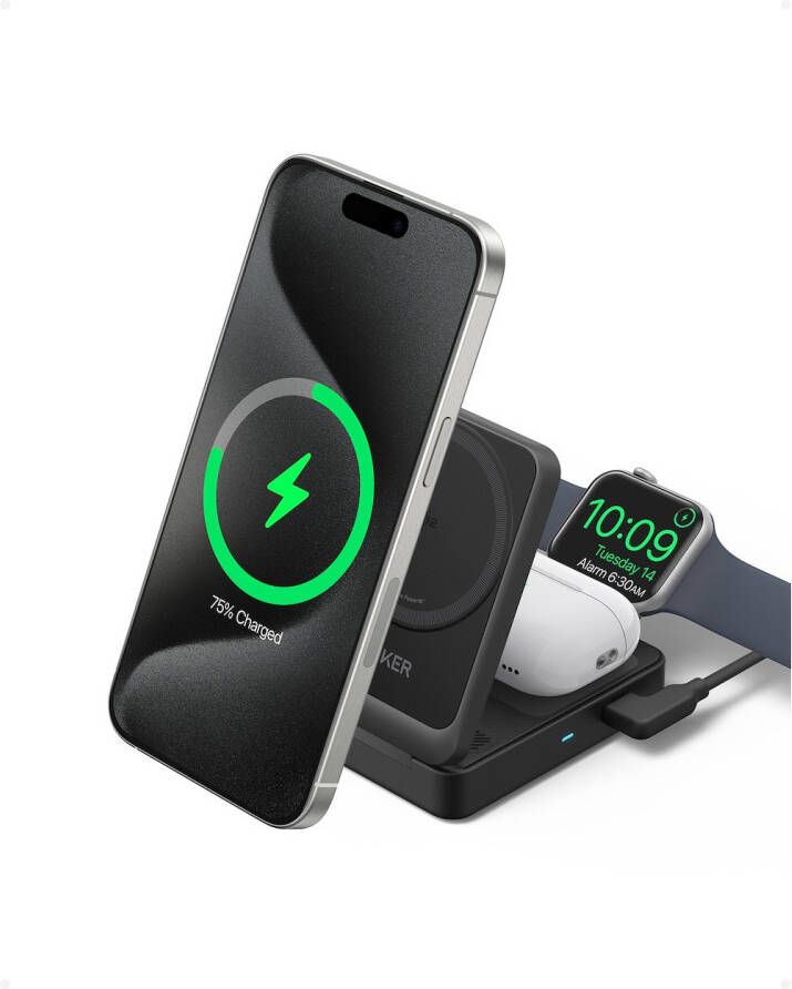 Anker MagGo Magnetic Wireless Charger 15W Foldable 3-in-1 with Charger Bundle EU Plug Oplader Zwart