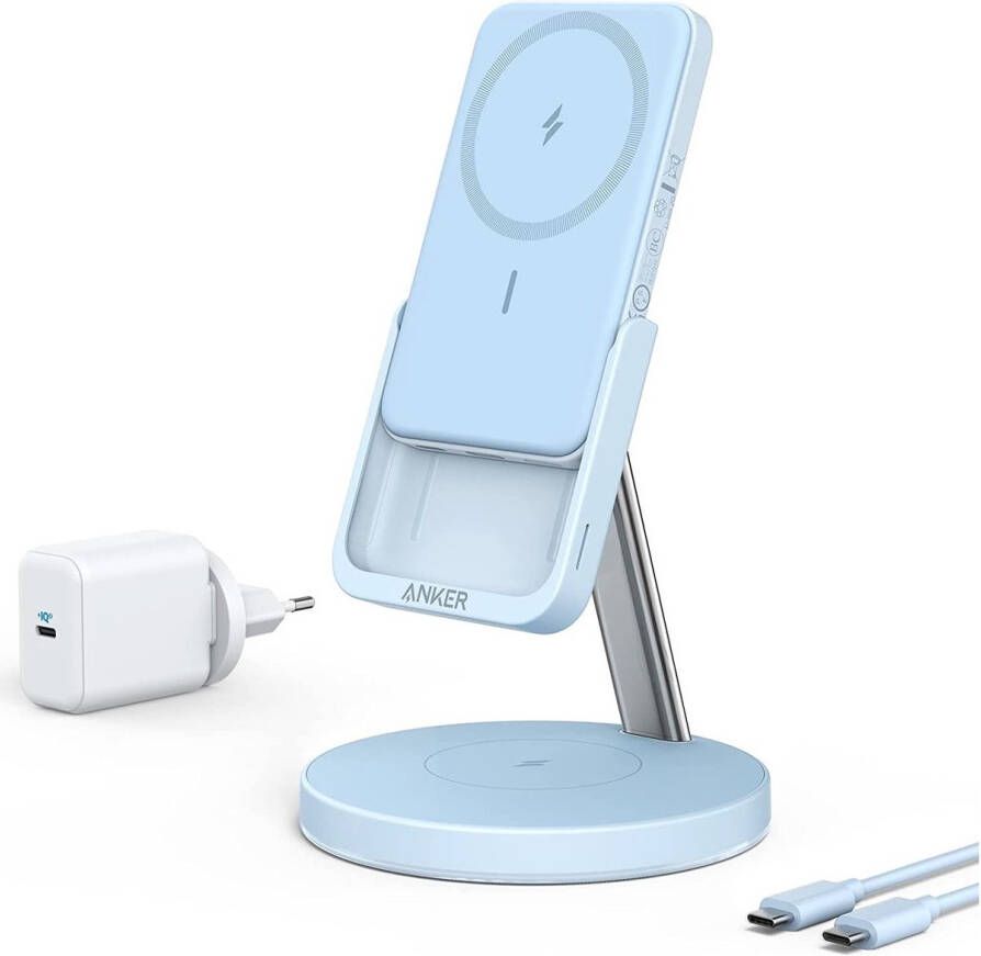 Anker PowerWave Mag-Go 2-in-1 Stand Oplader Blauw