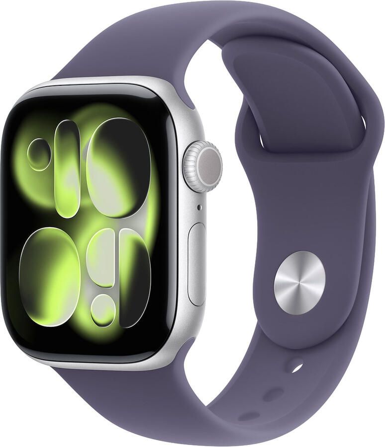 Apple Watch Series 11 GPS + Cellular 42mm Silver Aluminium Case met Purple Fog Sport Band S M Smartwatch Zilver