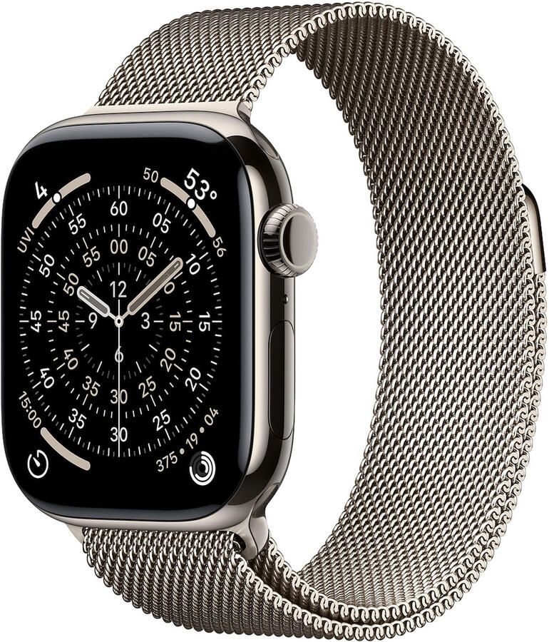 Apple Watch Series 11 GPS + Cellular 42mm Natural Titanium Case met Natural Milanese Loop Smartwatch Grijs