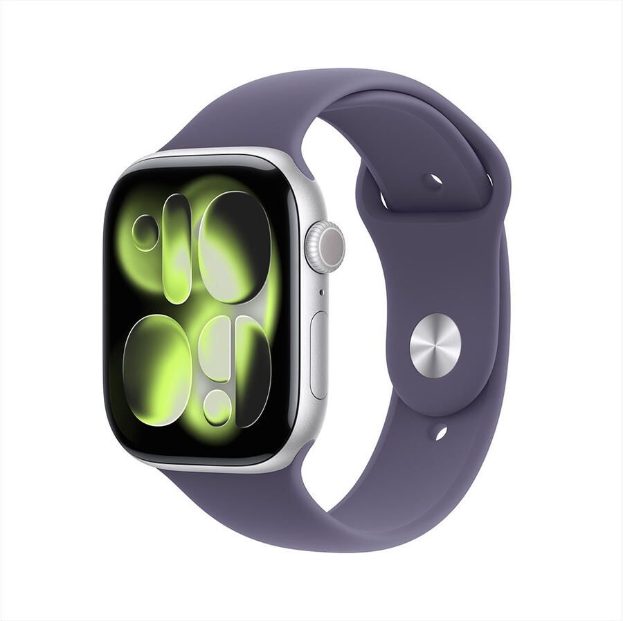 Apple Watch Series 11 GPS + Cellular 46mm Silver Aluminium Case met Purple Fog Sport Band M L Smartwatch Zilver