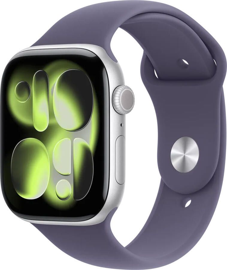 Apple Watch Series 11 GPS 46mm Silver Aluminium Case met Purple Fog Sport Band S M Smartwatch Zilver