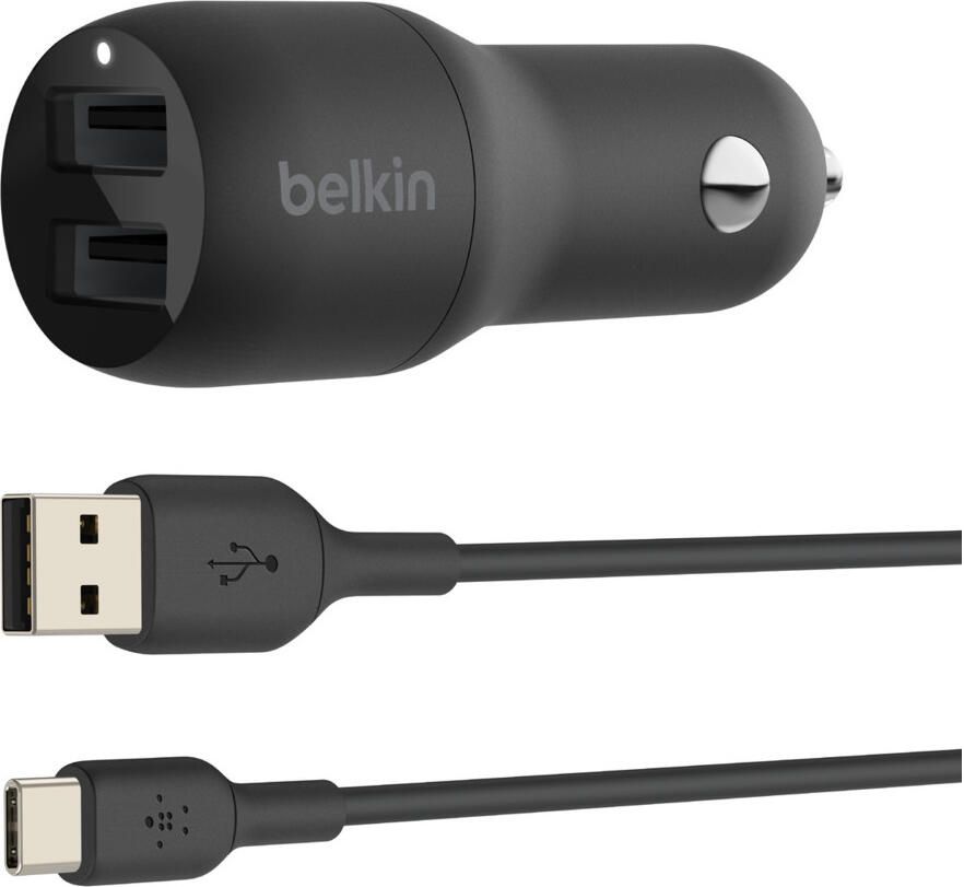 Belkin Dual USB-A Car Charger + USB-A naar USB-C kabel 24W Oplader Zwart