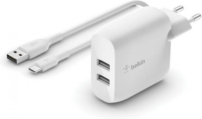 Belkin Dual USB Wall Charger + USB-A naar USB-C kabel 24W Oplader Wit