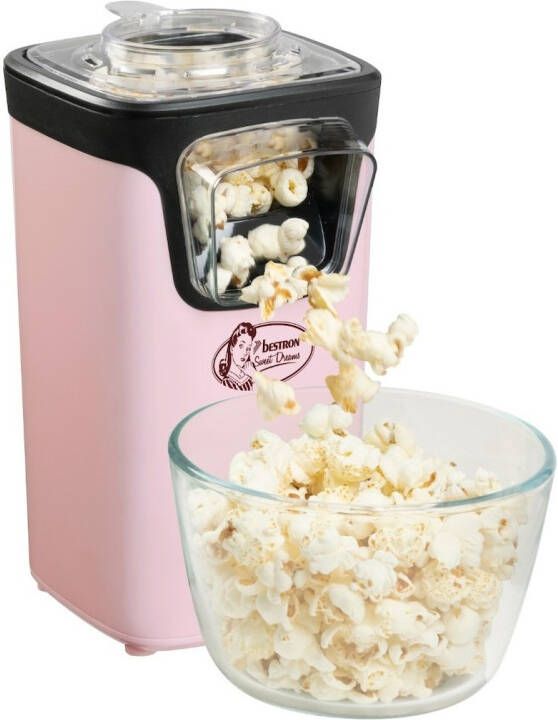 Bestron Popcornmaker Turbo-Popcorn in minder 2 minuten Popcornmachine met heteluchttechnologie inclusief 10x popcornzakken & geïntegreerde maatbeker Sweet Dreams Collectie Roze