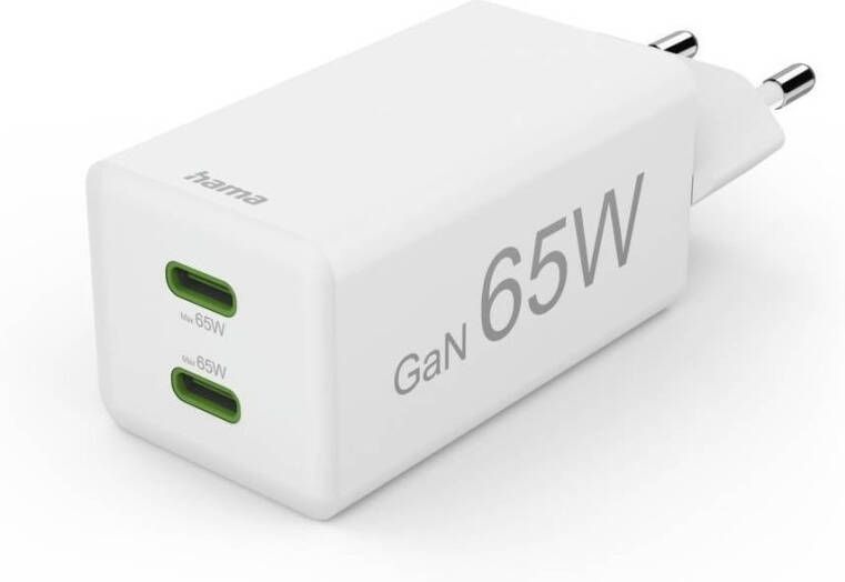 Hama Fast Charger GaN 2x USB-C PD Qualcomm Mini-Charger 65 W Oplader Wit