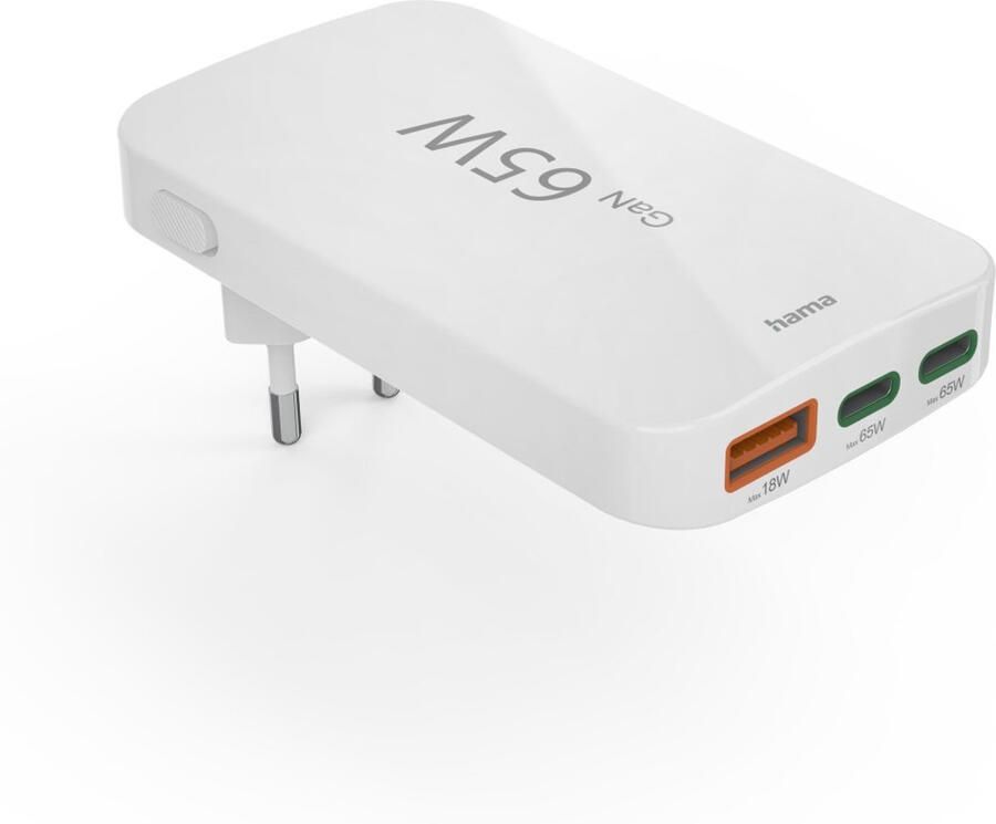 Hama Snellader 2x USB-C 1x USB-A platte mini-oplader PD 65 W Oplader Wit