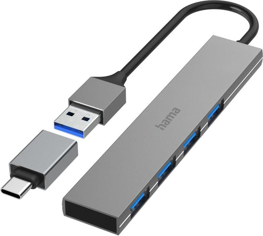 Hama USB Hub 4 Ports USB 3.2 Gen 1 5 Gbit s Ultra-Slim incl. USB-C Adapter USB Hub Grijs